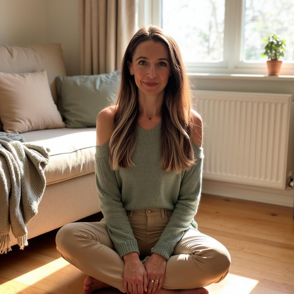About Tarryn - Wellspring Willow Tarryn DeNolf, founder of Wellspring Willow, sitting cross-legged on a yoga mat in a sunlit living room.