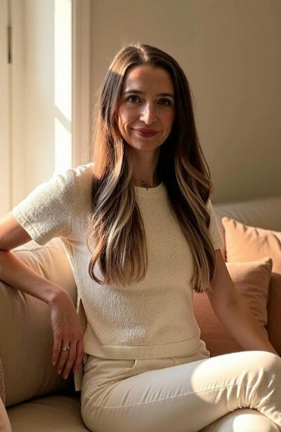 Tarryn DeNolf smiling while sitting comfortably on a neutral-toned sofa in a sunlit room