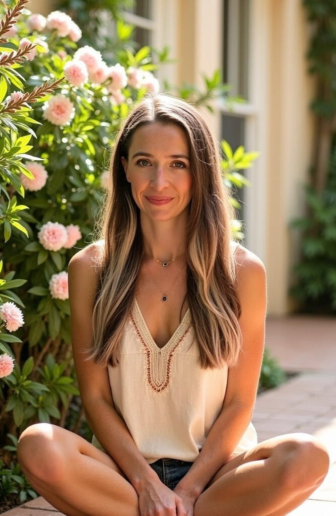 Somatic Guidance & Rest Tarryn DeNolf sitting cross-legged outdoors next to a blooming pink flower bush