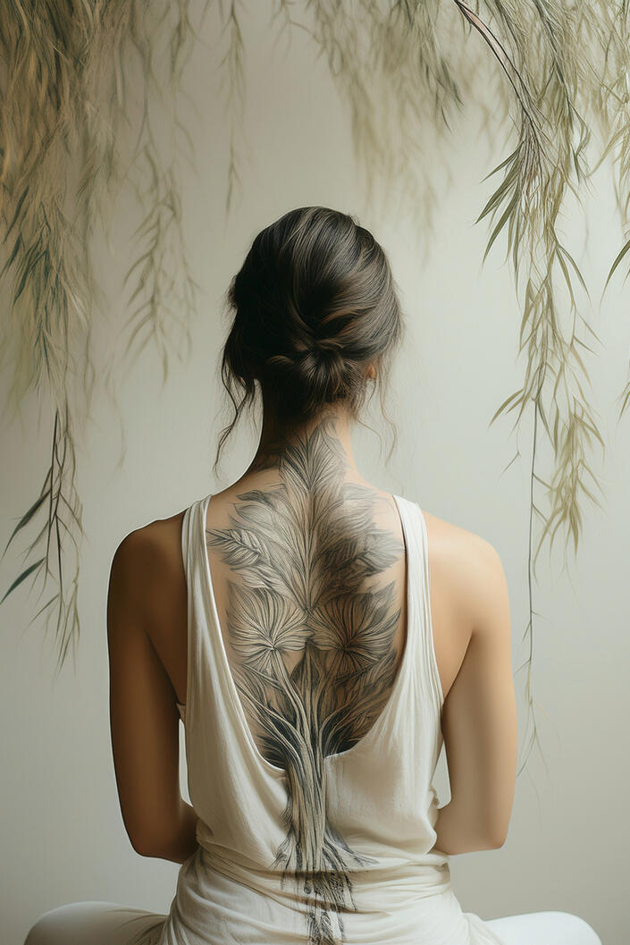 View from behind of a woman sitting beneath soft willow branches, showcasing an intricate, organic tree-inspired back tattoo that represents inner scaffolding.