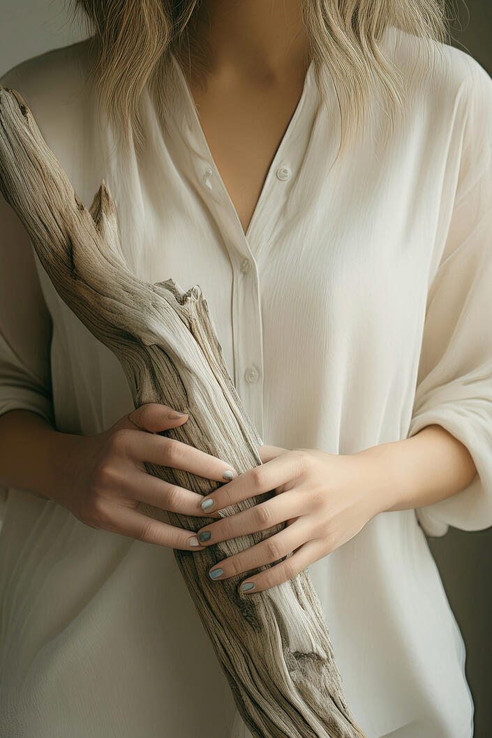 Close-up of a woman's hands gently resting on a piece of smooth, weathered driftwood, showcasing tactile sensory anchors for mindfulness.