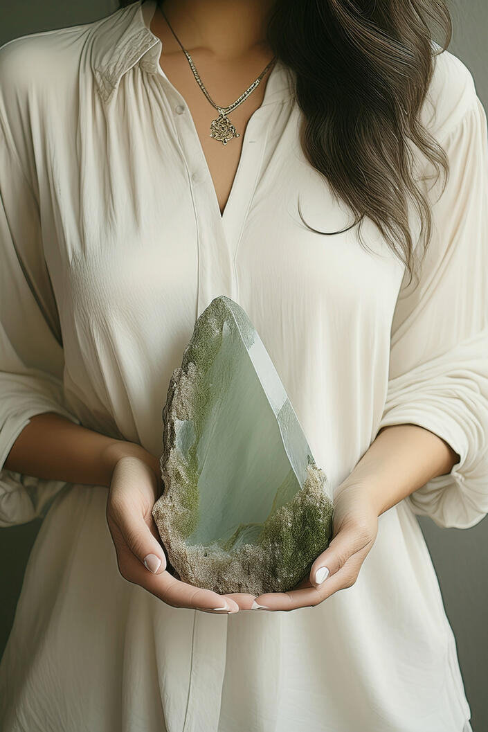 Somatic Grounding Close-up of a woman in a cream blouse holding a large, raw light green crystal with rough, mossy edges to demonstrate tactile somatic anchoring.