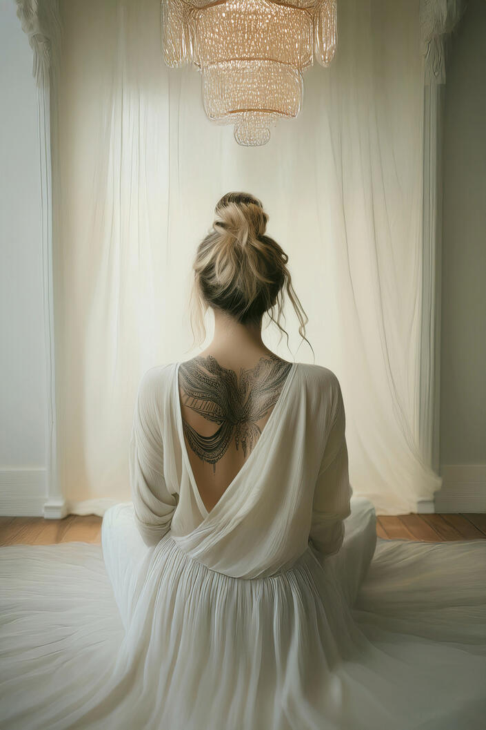 Step into Quiet Comfort View from behind of a woman sitting cross-legged in a flowing white gown, revealing an intricate back tattoo beneath a softly glowing beaded chandelier.